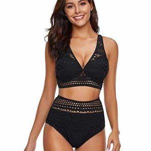 ✨High Waisted Long Line Bikini Crochet Black NEW